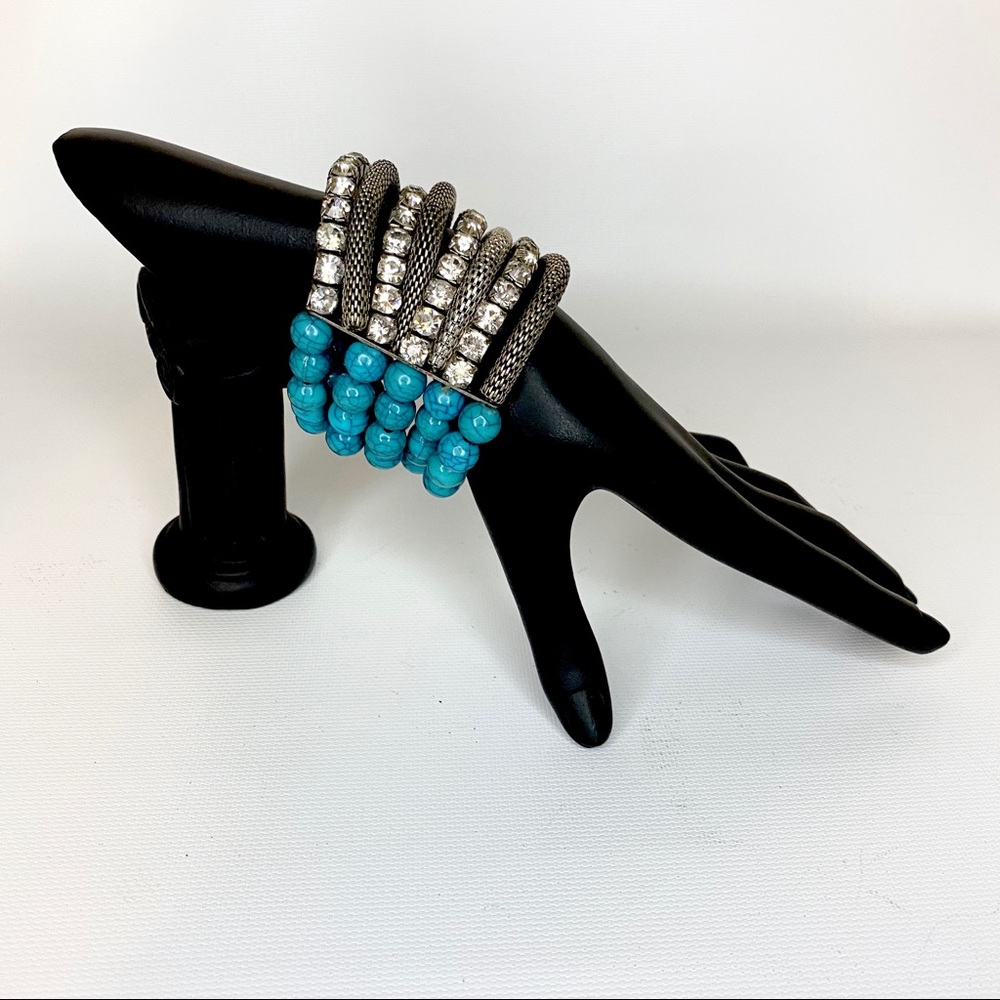 Turquoise Color Bead Rhinestone S.T. Mesh Bracelet - Picture 5 of 10